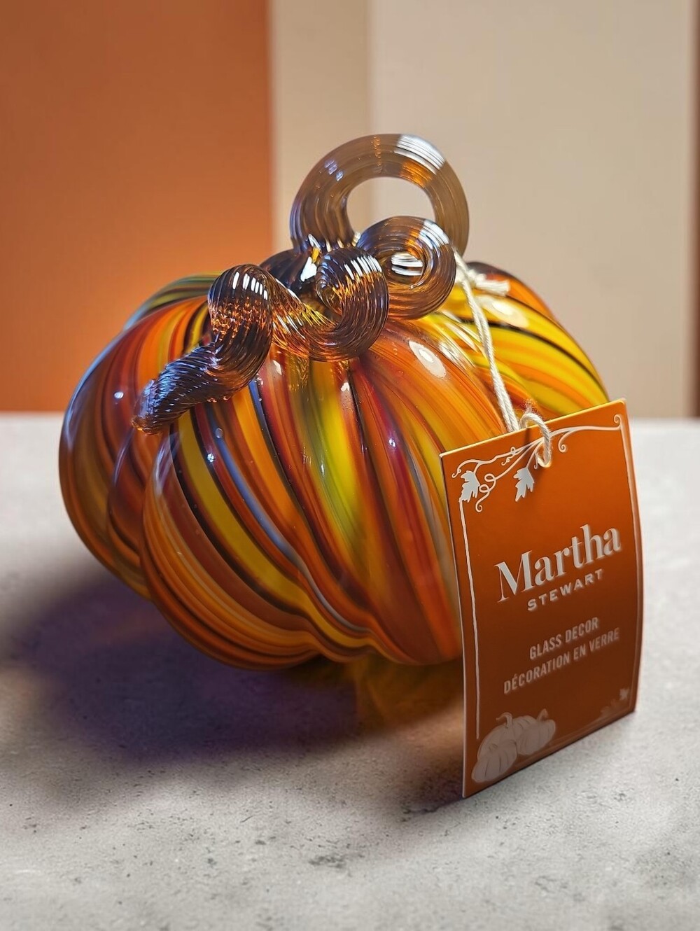 Martha Stewart Nwt Multicolor Striped Glass Pumpkin - Orange Dominant